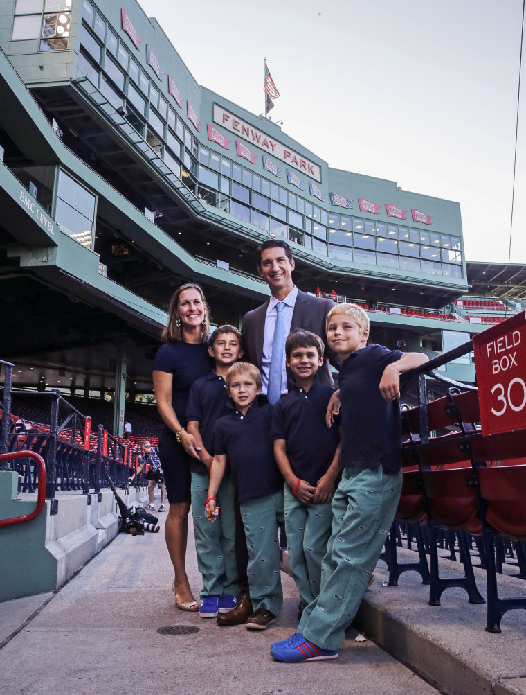 Boston Red Sox newly appointed General Manager Mike Hazen  with his wife Nicole and four sons at Fenway Park in Boston on Sept. 24, 2015.