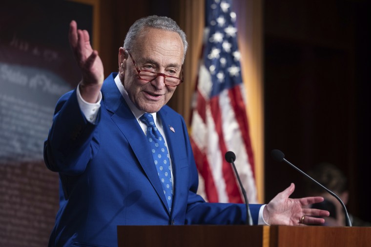 Senate Majority Leader Chuck Schumer at the Capitol after the Senate passed the Inflation Reduction Act via budget reconciliation on Aug. 7, 2022.