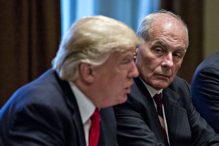 White House chief of staff John Kelly listens as President Donald Trump speaks during a briefing with senior military leaders in the Cabinet Room of the White House on Oct. 5, 2017.