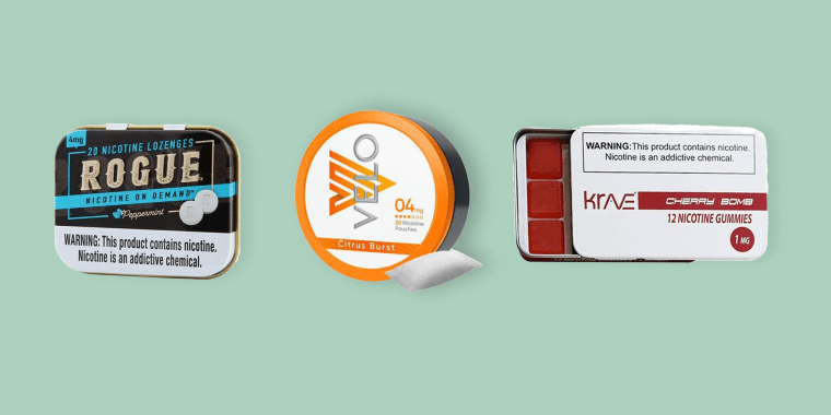 From left, nontherapeutic nicotine lozenges, nicotine pouches and nicotine gummies.