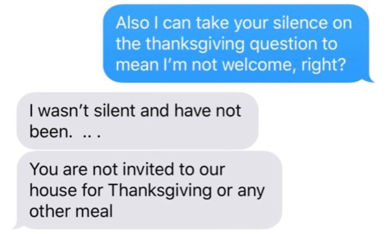 A text exchange between Weston Brown and his mother Monica Brown ahead of Thanksgiving in 2018.