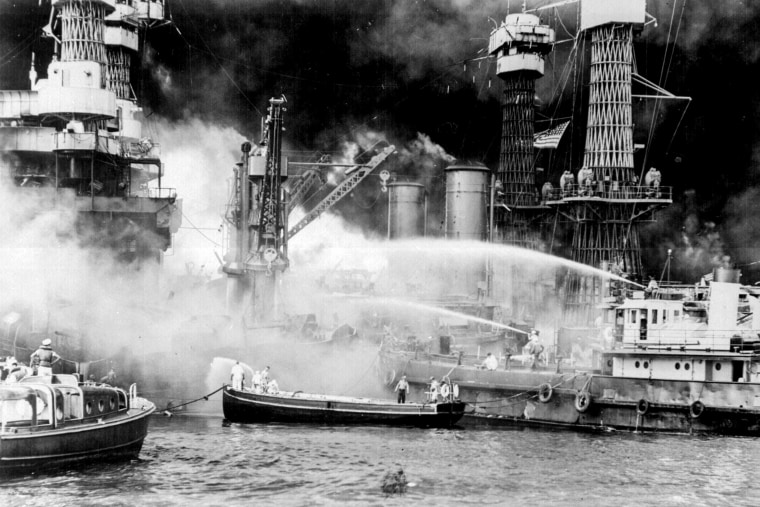 The 'West Virginia' battleship burns during the Japanese air raid on Pearl Harbor in 1941.
