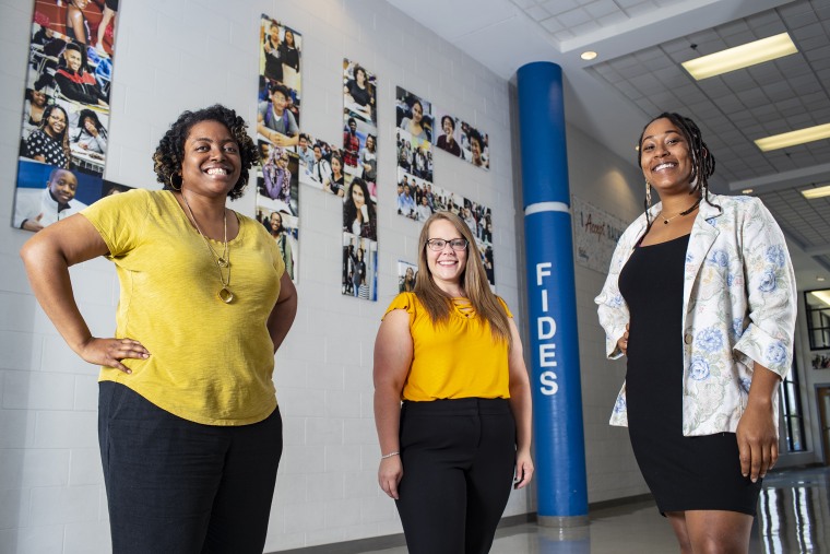 From left, Portia Cook, Amanda DeBord and Thea Cole are advisers with a state program called Advise TN that tries to get more Tennessee high school graduates to go to college. The task has gotten much harder, they say.