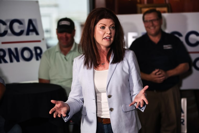 Republican gubernatorial candidate Rebecca Kleefisch speaks to supporters during a campaign event at Kavanaugh's Esquire Club on Aug. 8, 2022, in Madison, Wis.