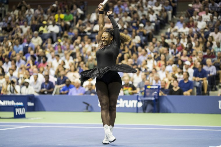 Serena Williams celebrates her victory with a twirl during her match against Karolina Pliskova in the women's singles quarterfinals match during the U.S. Open on Sept. 4, 2018, in Flushing, N.Y.