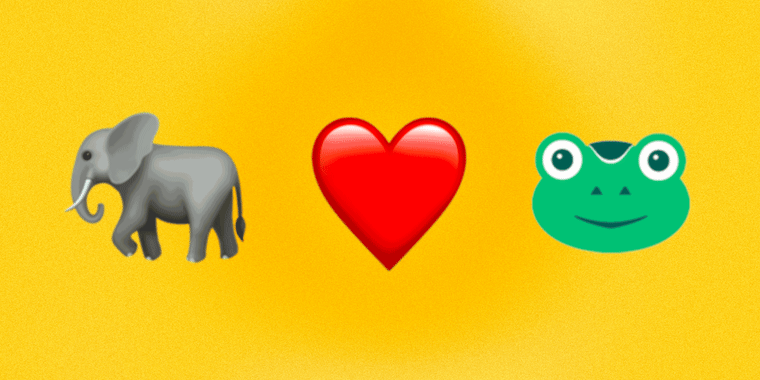 Photo Illustration: An elephant emoji, a broken heart emoji, and the Gab frog icon