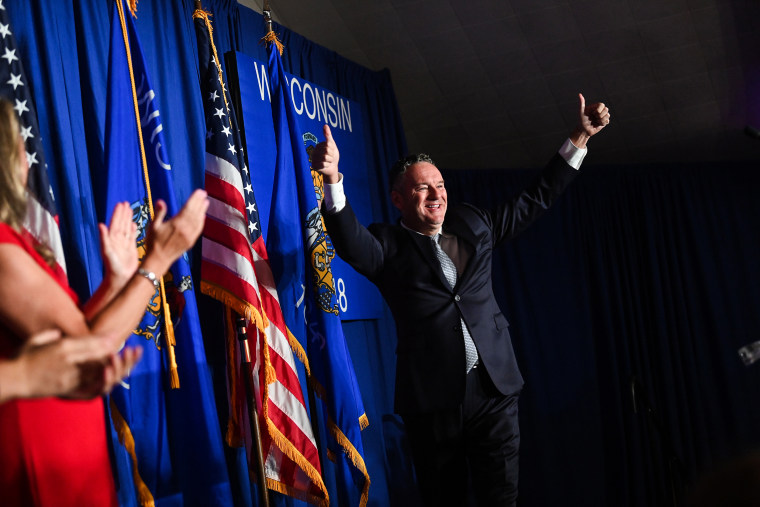 Republican gubernatorial candidate Tim Michels gives the thumbs up during his primary election night event at on Aug. 9, 2022, in Waukesha, Wis.