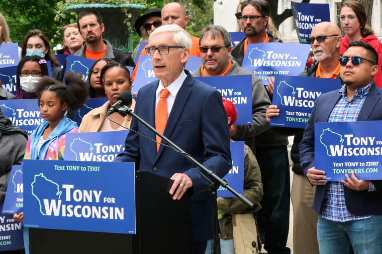 Wisconsin Gov. Tony Evers speaks at a campaign event outside the state capitol on May 27, 2022, in Madison.