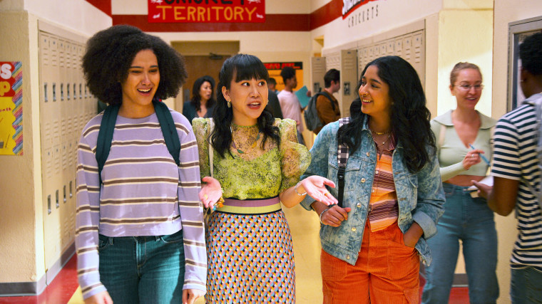 Lee Rodriguez as Fabiola Torres, Ramona Young as Eleanor Wong, and Maitreyi Ramakrishnan as Devi in "Never Have I Ever" Season 3.