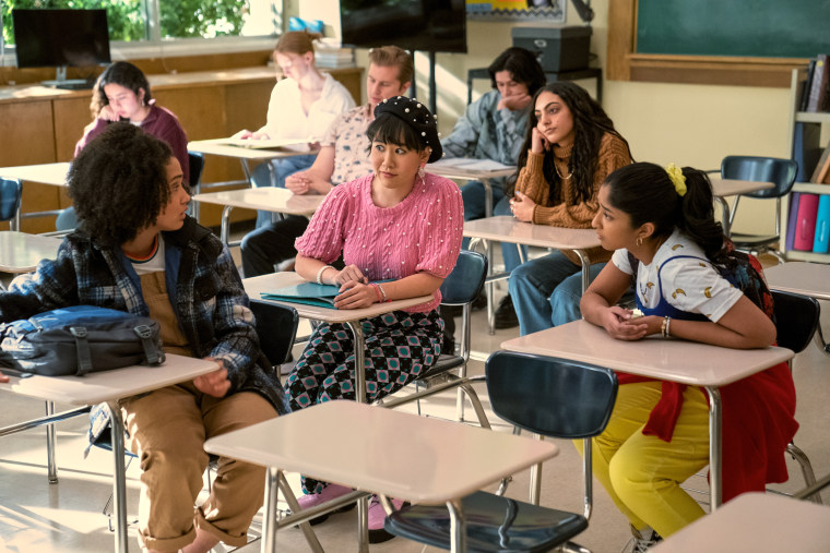 Lee Rodriguez as Fabiola Torres, Ramona Young as Eleanor Wong, and Maitreyi Ramakrishnan as Devi in "Never Have I Ever" Season 3.