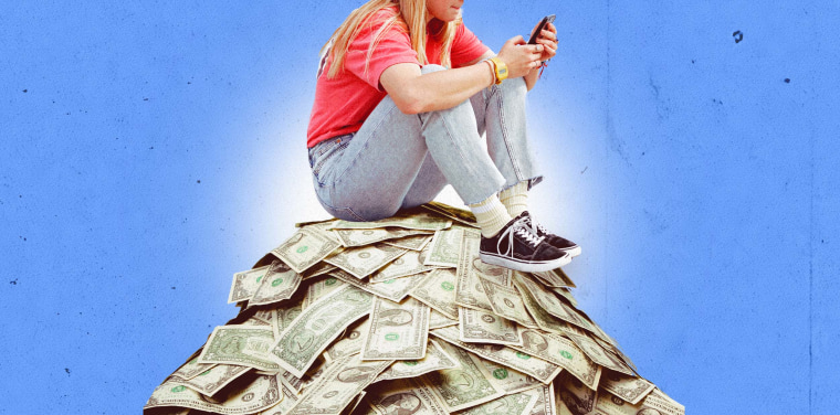 Photo Illustration: A teenager sits atop a pile of money