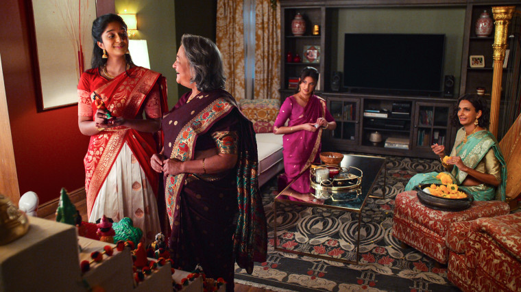 Maitreyi Ramakrishnan as Devi, Ranjita Chakravarty as Nirmala, Richa Moorjani as Kamala, and Poorna Jagannathan as Nalini Vishwakumar in "Never Have I Ever" season 3.