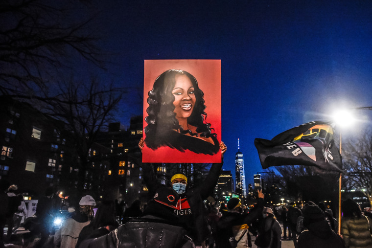 People march on the West Side Highway in a protest to mark the one year anniversary of Breonna Taylor's death on March 13, 2021 in New York.