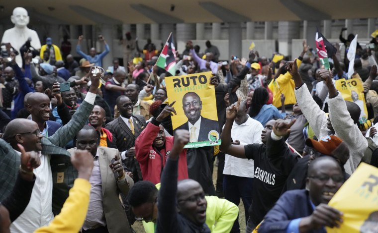 Image: Supporters ofWilliam Ruto celebrate at his party headquarters in Nairobi on Aug. 15, 2022.