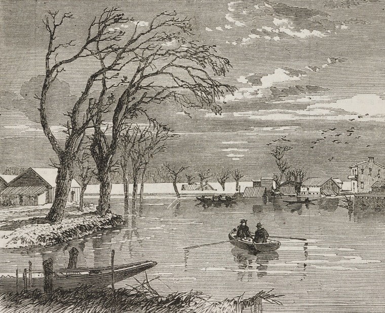 An illustration of Sixth Street in Sacramento after flooding in 1862.
