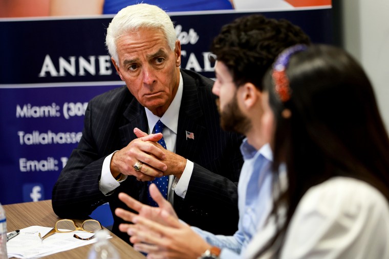Democratic gubernatorial candidate Rep. Charlie Crist speaks with Pepe Jordan, a Venezuelan TPS holder, and Virginia Naza, an undocumented Venezuelan waiting for redesignation, during a round table discussion about renewing Temporary Protected Status for Venezuelans on July 6, 2022, in Miami.