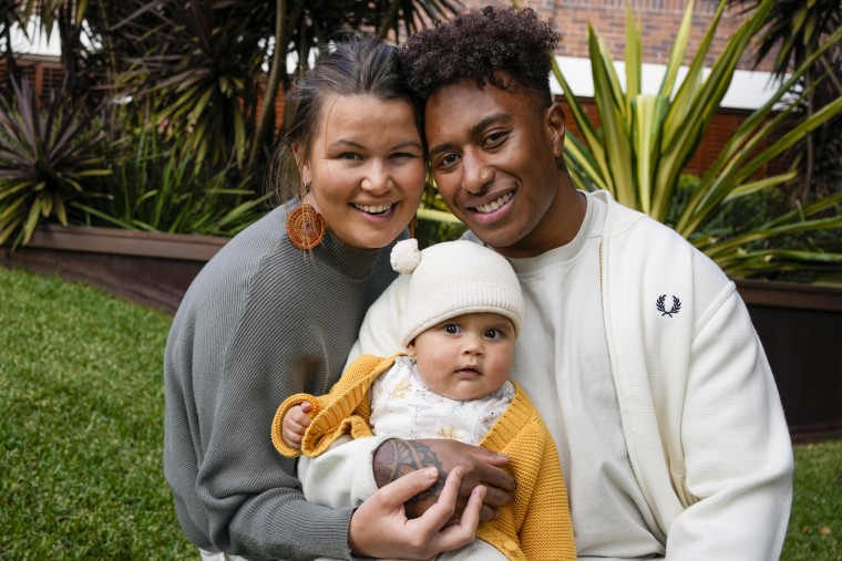 Image: Ellia Green with her partner Vanessa Turnbull-Roberts and their daughter Waitui in Sydney, Australia on August 15, 2022.