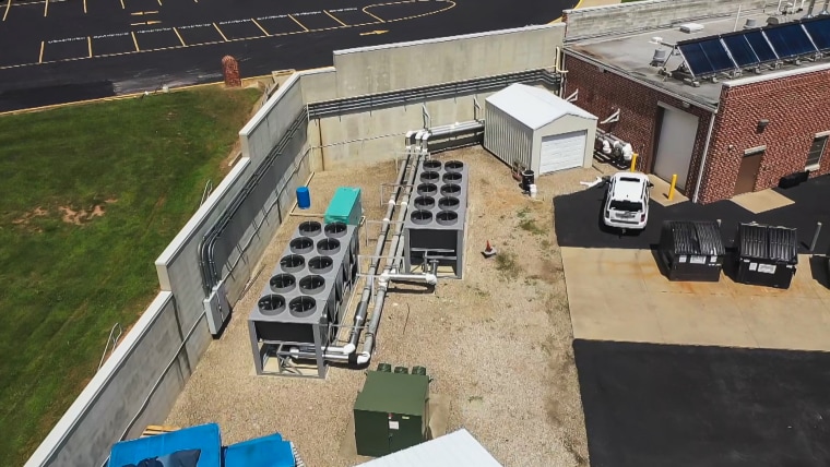 Carrier AquaForce brand air chiller units adjacent to Gallia Academy High School in Gallipolis, Ohio.