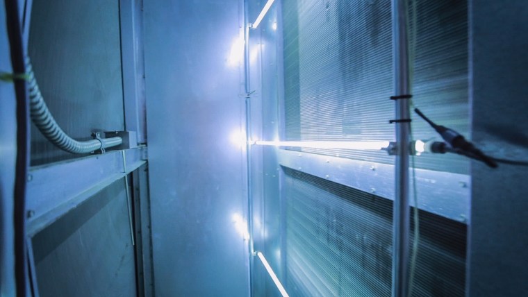 UV lights inside the air purification system at Gallia Academy High School in Gallipolis, Ohio.