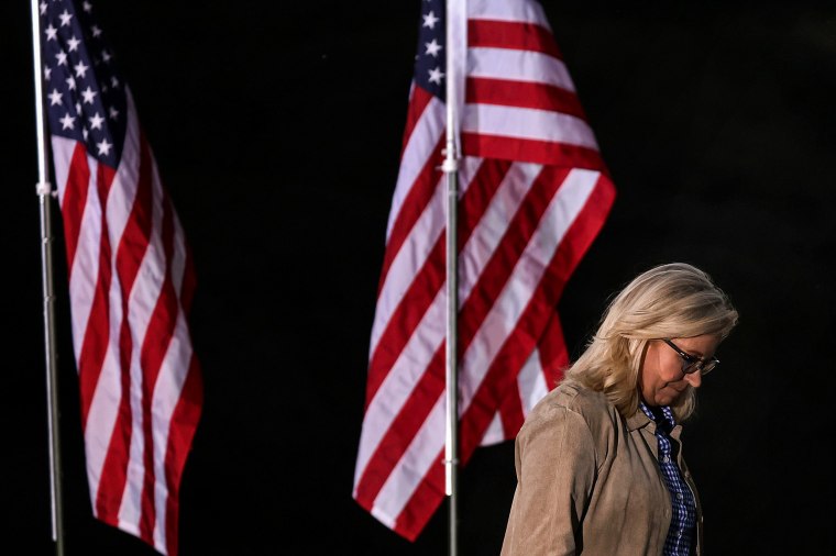 Rep. Liz Cheney, R-Wyo., departs after speaking to supporters during a primary night event on Aug. 16, 2022, in Jackson, Wyo.