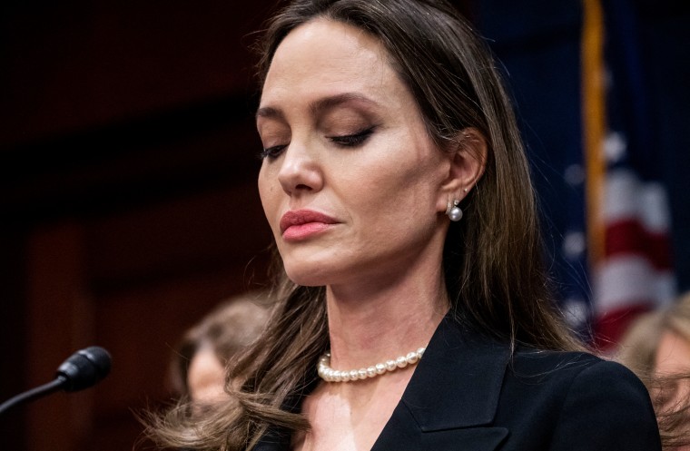 Actress Angelina Jolie speaks during a press conference announcing a bipartisan modernized Violence Against Women Act on Capitol Hill on Feb. 9, 2022.