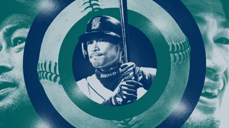 Photo illustration of baseball player Ichiro Suzuki in his Seattle Mariners uniform, encircled by a baseball.