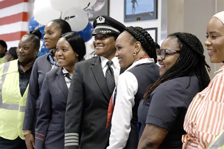 American Airline employees, an all-Black female crew, gather to celebrate Bessie Coleman.