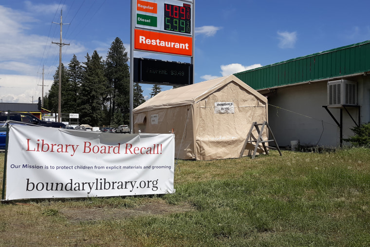 A banner on an edge of town in Bonners Ferry, Idaho, is part of the effort to recall four of the five library administrators.