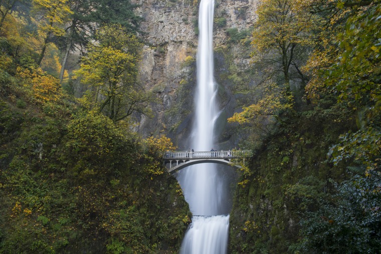 View of Multnomah Falls with foot bridge in the fall, a