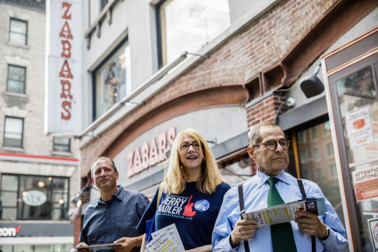 Rep. Jerrold Nadler, D-N.Y., right, campaigns outside the gourmet grocery store Zabar's on the Upper West Side in New York City on Aug. 20, 2022, alongside Assemblywoman Linda Rosenthal and Comptroller Brad Lander.
