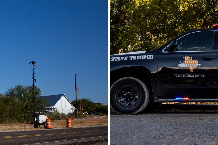 Solar-powered surveillance equipment sits on the side of Highway 674, or N Ann St, just outside Brackettville; A Texas Department of Public Safety State Trooper vehicle sits outside the Kinney County Sheriff Department in Bracketville.