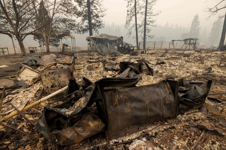 The century old Klamath River Community Hall lies in ruins after it was destroyed by the McKinney Fire in the Klamath National Forest, northwest of Yreka, California, on Aug. 1, 2022.