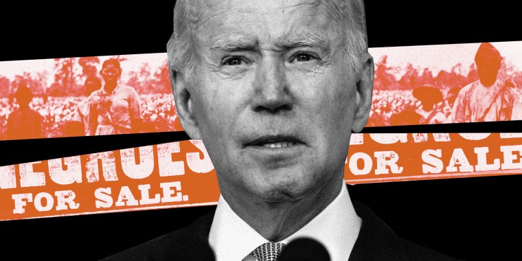Photo illustration: Image of Biden against strips in the background showing images of children and an adult man and woman in a cotton field and text that reads,"For Sale".