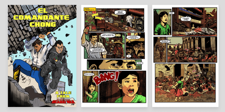Images from the "Comandante Chong" issue of the Mexican American comic book, "El Peso Hero."