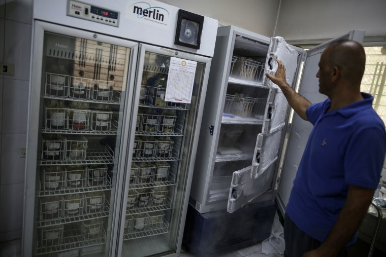 A technician stores blood samples in a freezer compartment at the Central Blood Bank Society in Gaza City on Saturday.