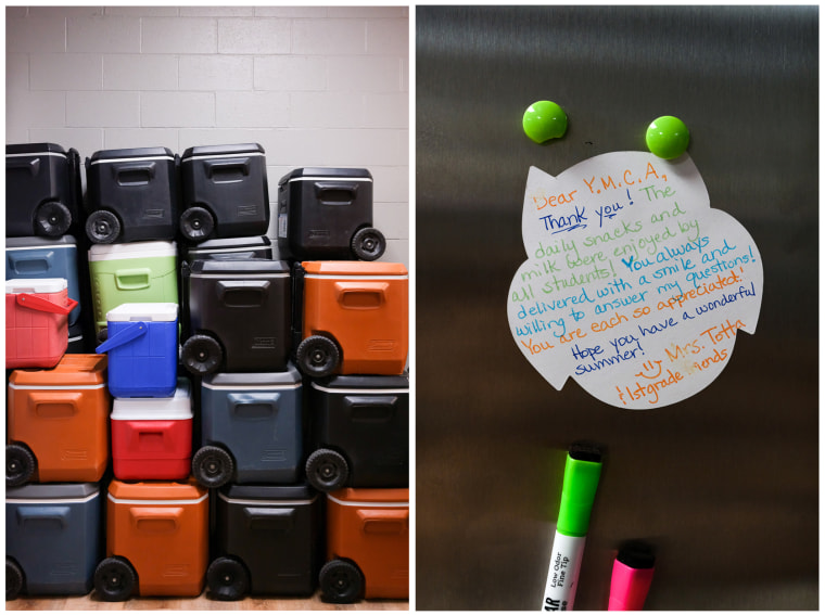 Coolers and a sign at the Adair County Family YMCA in Kirksville, Mo., on Aug. 16, 2022. 