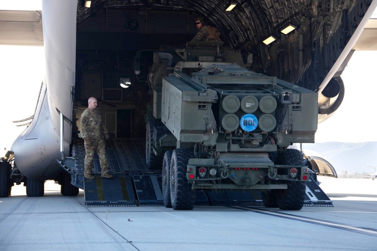 A high-mobility artillery rocket system is offloaded from a C-17 Globemaster III at Marine Corps Air Station Camp Pendleton, Calif., on Jan. 27. Four similar HIMARS were recently sent to Ukraine as part of a $450 million security assistance package.