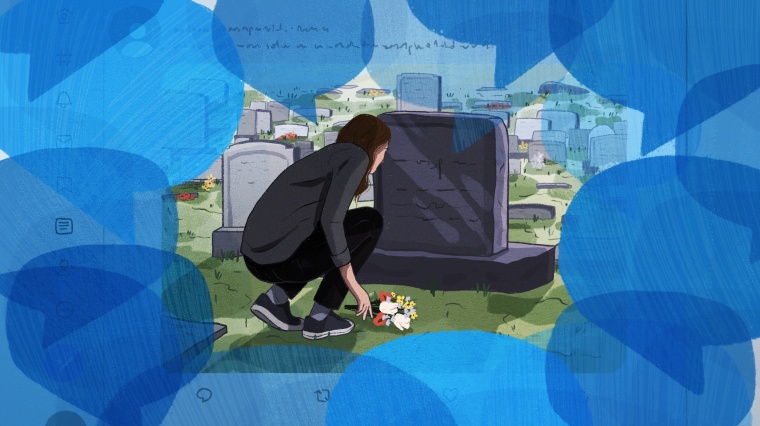 Illustration of a Twitter feed with a photo of a woman laying flowers at a gravestone, with blue speech bubbles surrounding her.