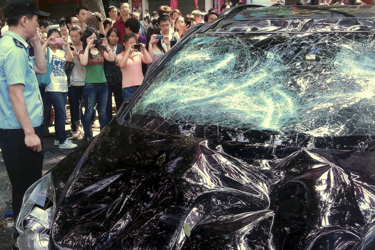 A Japanese-made car that was smashed in Xi’an, China, in 2012, amid protests over a territorial dispute between Beijing and Tokyo.