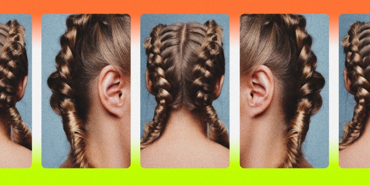 Photo illustration of a girl in braided pigtails on phone-shaped screens.