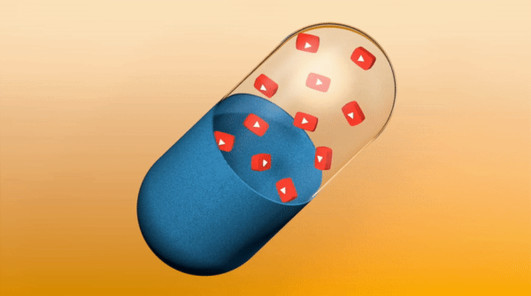 Illustration of a pill capsule with YouTube play button logos inside of it.