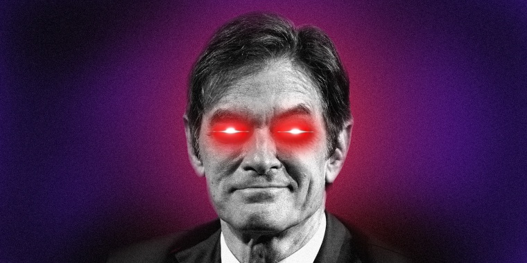 Photo illustration: Mehmet Oz with beaming red eyes.