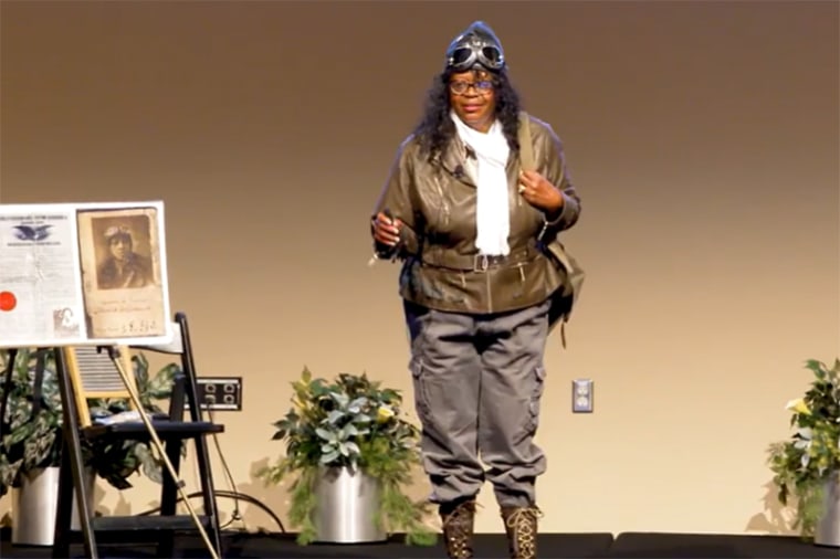 Gigi Coleman presents her program on Bessie Coleman at the EAA Aviation Museum in June 2021.