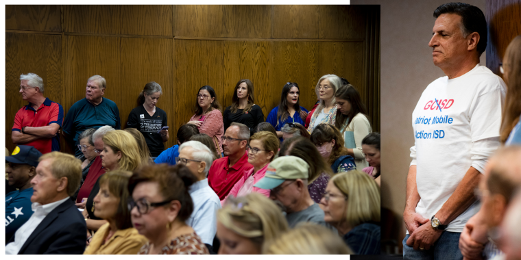 Parents packed into the meeting room of the Grapevine-Colleyville school board in August 2022 to comment on a plan to ban books and lessons about "gender fluidity" from the Texas school district.