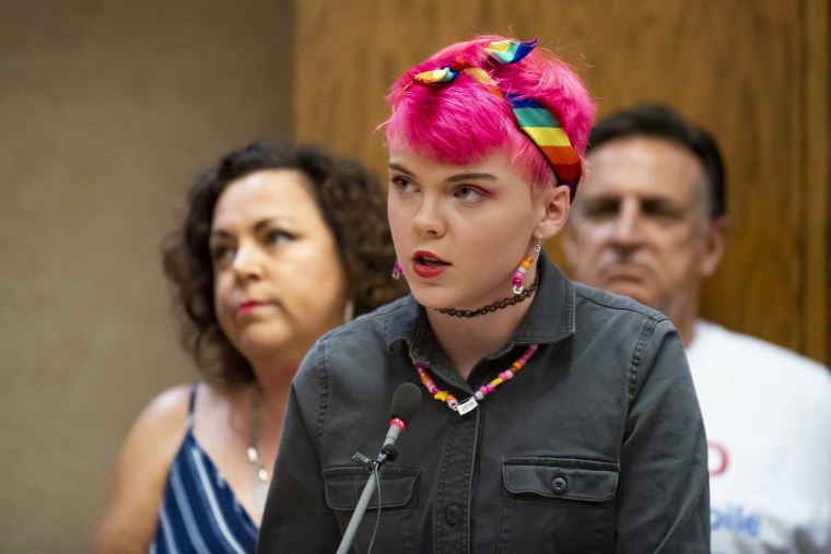 Image: Caroline Critz during the “Public Comment” portion of a Grapevine-Colleyville Independent School District school board meeting in Grapevine, Texas on Aug. 22, 2022.