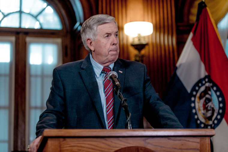 Image: Gov. Mike Parson during a press conference in Jefferson City, Mo., on May 29, 2019.