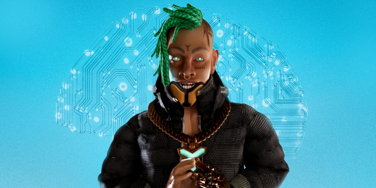 Photo illustration: Capitol Records' computer-generated rapper dubbed FN Meka shown against a blue background with a brain shaped circuit.