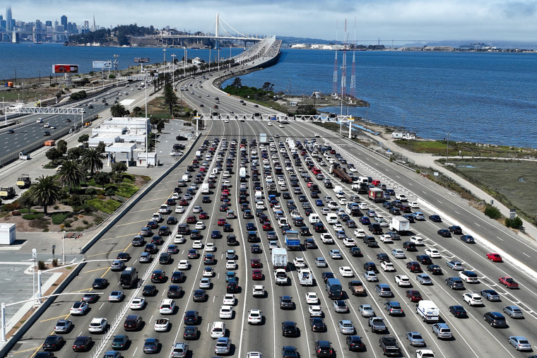 Image:  Traffic at the San Francisco-Oakland Bay Bridge toll plaza on Aug. 24, 2022.