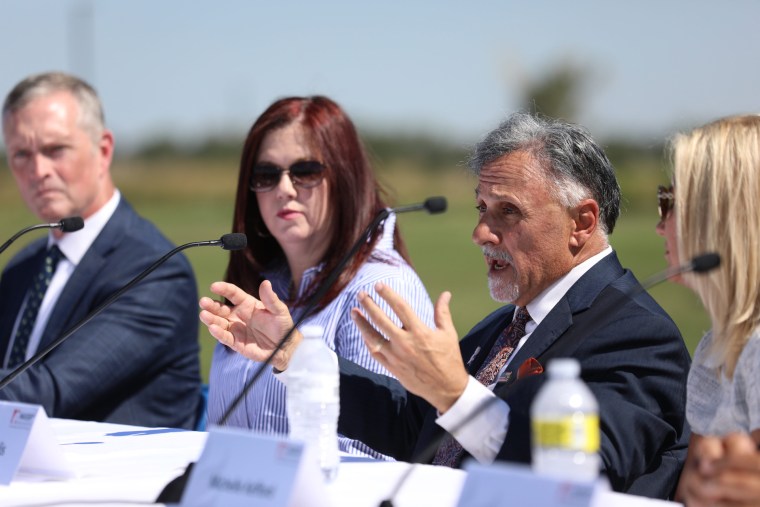 Frank DeAngelis, former principal of Columbine High School, speaks during the panel discussion at Columbine Memorial on Aug. 22, 2022.