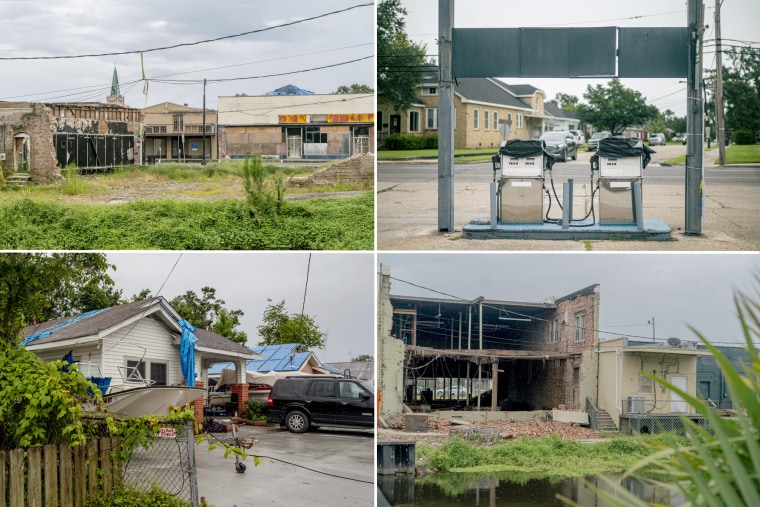 Damaged properties in downtown Houma on Aug. 24, 2022.
